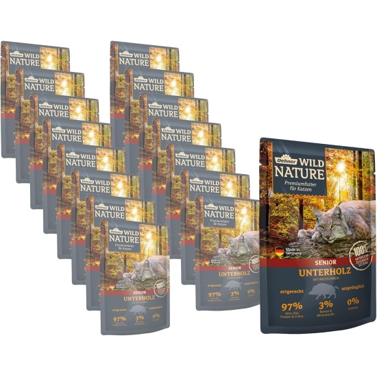 Dehner Wild Nature Cat Food, Undergrowth, Wet Food, Grain-Free / Sugar-Free, for Older Cats, Wild Boar, 16 x 85 g Bags (1.36 kg) Dehner Wild Nature Cat Food, Undergrowth, Wet Food, Grain-Free / Sugar-Free, for Older Cats, Wild Boar, 16 x 85 g Bags (1.36 kg)