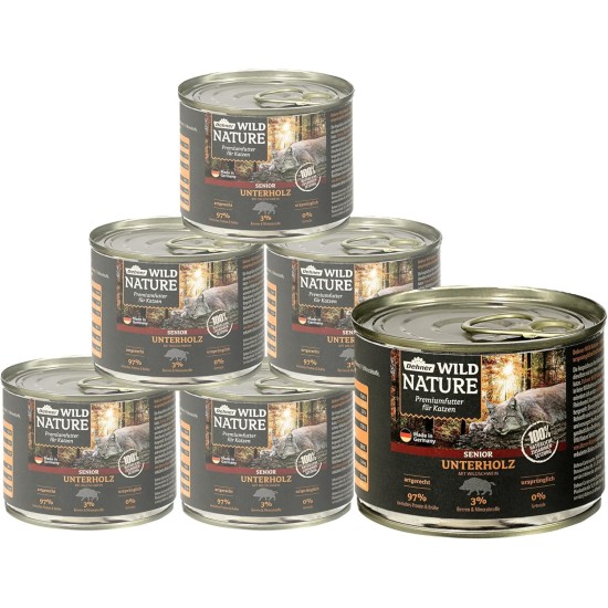 Dehner Wild Nature Cat Food, Undergrowth, Wet Food, Grain-Free / Sugar-Free, for Older Cats, Wild Boar, 6 x 200 g Tin (1.2 kg) Dehner Wild Nature Cat Food, Undergrowth, Wet Food, Grain-Free / Sugar-Free, for Older Cats, Wild Boar, 6 x 200 g Tin (1.2 kg)