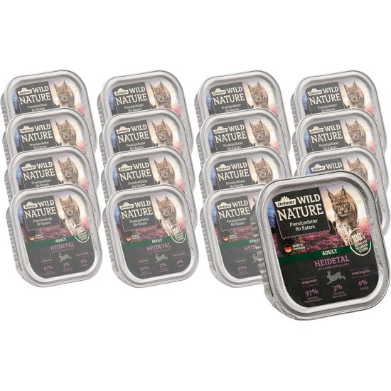 Dehner Wild Nature Heidetal Cat Food, Wet Food, Grain-Free / Sugar-Free, for Adult Cats, Rabbits, Chicken, 16 x 100 g Bowl (1.6 kg)