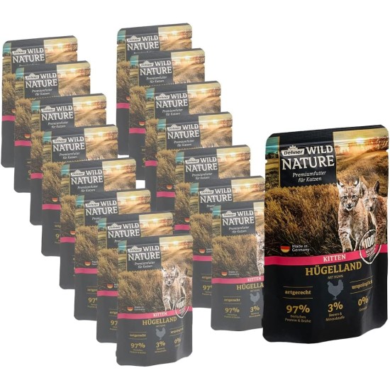 Dehner Wild Nature Kitten Hügelland Wet Food Grain-Free / Sugar Free for Young Cats, Chicken, 16 x 85 g Bags (1.36 kg) Dehner Wild Nature Kitten Hügelland Wet Food Grain-Free / Sugar Free for Young Cats, Chicken, 16 x 85 g Bags (1.36 kg)