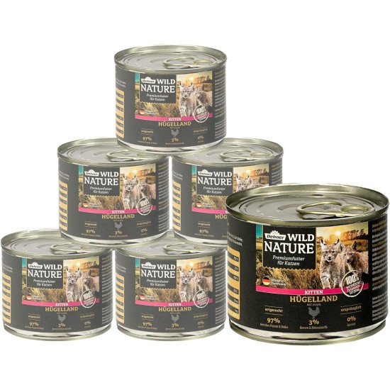 Dehner Wild Nature Kitten Hügelland, Wet Food Grain-Free / Sugar-Free, for Young Cats, Chicken, 6 x 400 g Tin (2.4 kg) Dehner Wild Nature Kitten Hügelland, Wet Food Grain-Free / Sugar-Free, for Young Cats, Chicken, 6 x 400 g Tin (2.4 kg)