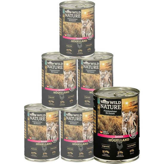 Dehner Wild Nature Kitten Hügelland, Wet Food Grain-Free / Sugar-Free, for Young Cats, Chicken, 6 x 400 g Tin (2.4 kg) Dehner Wild Nature Kitten Hügelland, Wet Food Grain-Free / Sugar-Free, for Young Cats, Chicken, 6 x 400 g Tin (2.4 kg)
