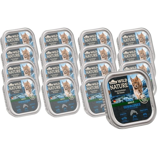 Dehner Wild Nature Mountain Lake Cat Food, Wet Food, Grain-Free / Sugar-Free, for Adult Cats, Salmon/Trout, 16 x 100 g Bowl (1.6 kg) Dehner Wild Nature Mountain Lake Cat Food, Wet Food, Grain-Free / Sugar-Free, for Adult Cats, Salmon/Trout, 16 x 100 g Bowl (1.6 kg)