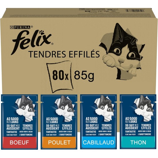 FELIX | Delicate Conical | Adult Cat | Jelly | 100% Complete and Balanced Formula | With Tuna, Cod, Beef and Chicken | Fresh Bag | 80 x 85g FELIX | Delicate Conical | Adult Cat | Jelly | 100% Complete and Balanced Formula | With Tuna, Cod, Beef and Chicken | Fresh Bag | 80 x 85g