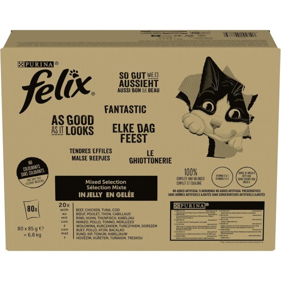 FELIX | Delicate Conical | Adult Cat | Jelly | 100% Complete and Balanced Formula | With Tuna, Cod, Beef and Chicken | Fresh Bag | 80 x 85g FELIX | Delicate Conical | Adult Cat | Jelly | 100% Complete and Balanced Formula | With Tuna, Cod, Beef and Chicken | Fresh Bag | 80 x 85g