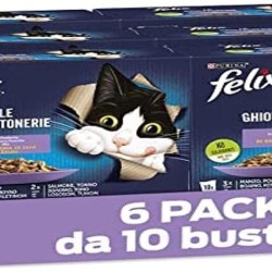 FELIX Le Ghiottonerie Wet Cat Food for Adults, Treats in Jelly with Beef and Chicken, Salmon and Tuna, 60 Bags of 85 g FELIX Le Ghiottonerie Wet Cat Food for Adults, Treats in Jelly with Beef and Chicken, Salmon and Tuna, 60 Bags of 85 g