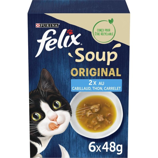 FELIX Original Soup | Cat Adult | Fish Selection | 48 Pieces | 6 x 48 g | 2.3 kg | Soup in Bag