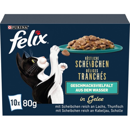 Felix Delicious Slices Wet Cat Food in Jelly, Variety of Flavours from the Water, Pack of 6 (6 x 10 Bags of 80 g) Felix Delicious Slices Wet Cat Food in Jelly, Variety of Flavours from the Water, Pack of 6 (6 x 10 Bags of 80 g)