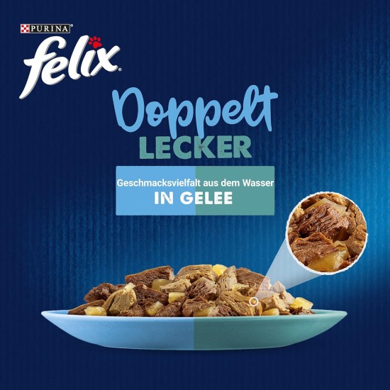 Felix Double Delicious Wet Cat Food in Jelly, Mix of Varieties, 4 Pack (4 x 24 Pouches of 85 g) Felix Double Delicious Wet Cat Food in Jelly, Mix of Varieties, 4 Pack (4 x 24 Pouches of 85 g)