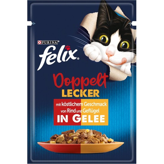 Felix Double Delicious Wet Cat Food in Jelly, Mix of Varieties, 4 Pack (4 x 24 Pouches of 85 g) Felix Double Delicious Wet Cat Food in Jelly, Mix of Varieties, 4 Pack (4 x 24 Pouches of 85 g)
