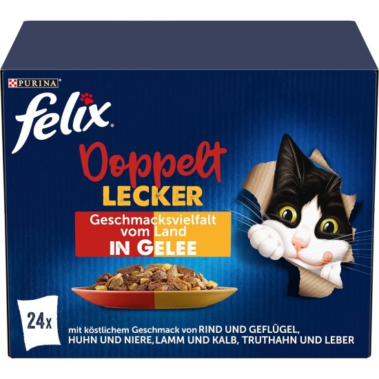 Felix Double Delicious Wet Cat Food in Jelly, Mix of Varieties, 4 Pack (4 x 24 Pouches of 85 g) Felix Double Delicious Wet Cat Food in Jelly, Mix of Varieties, 4 Pack (4 x 24 Pouches of 85 g)