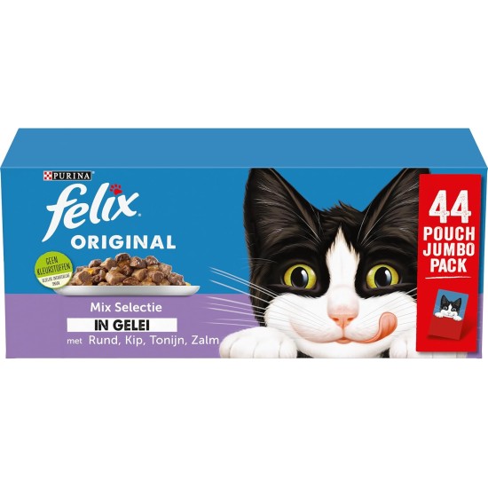 Felix Mix Selection in Jelly Cat Food, Wet Food Meal Bag with Round, Chicken, Salmon & Tuna, 44 x 85 g (44 Meal Bags, 3.7 kg) Felix Mix Selection in Jelly Cat Food, Wet Food Meal Bag with Round, Chicken, Salmon & Tuna, 44 x 85 g (44 Meal Bags, 3.7 kg)