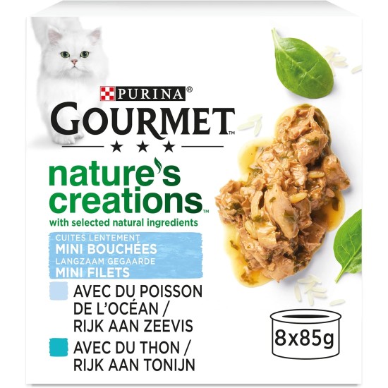 GOURMET Nature's Creations Adult Cat Mini Appetizers Ocean Fish Filling, Spinach & Rice, Tuna, Tomatoes & Rice, 8 x 85 g (Box) GOURMET Nature's Creations Adult Cat Mini Appetizers Ocean Fish Filling, Spinach & Rice, Tuna, Tomatoes & Rice, 8 x 85 g (Box)