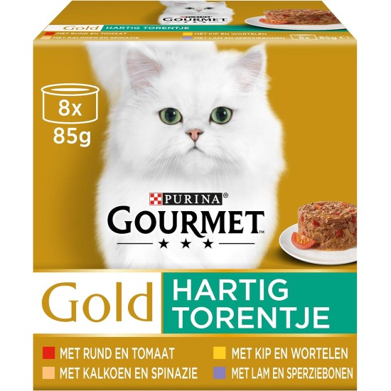 Gourmet Gold Hearty Tower Cat Food, Wet Food with Beef and Tomato, Chicken and Carrots, Turkey and Spinach, Turkey and Green Beans - 8 x 85 g - Pack of 6 (48 Cans, 4.08 kg) Gourmet Gold Hearty Tower Cat Food, Wet Food with Beef and Tomato, Chicken and Carrots, Turkey and Spinach, Turkey and Green Beans - 8 x 85 g - Pack of 6 (48 Cans, 4.08 kg)