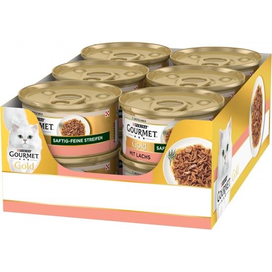 Gourmet Gold Juicy Fine Stripes with Salmon, Wet Cat Food 12 x 85 g Tin Gourmet Gold Juicy Fine Stripes with Salmon, Wet Cat Food 12 x 85 g Tin