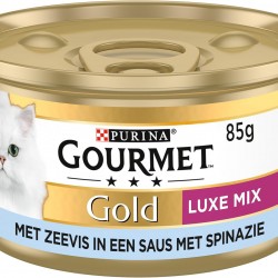 Gourmet Gold Luxe Mix Cat Food, Wet Food with Sea Fish in a Sauce with Spinach, 24 x 85 g, (24 Cans, 2.04 kg)