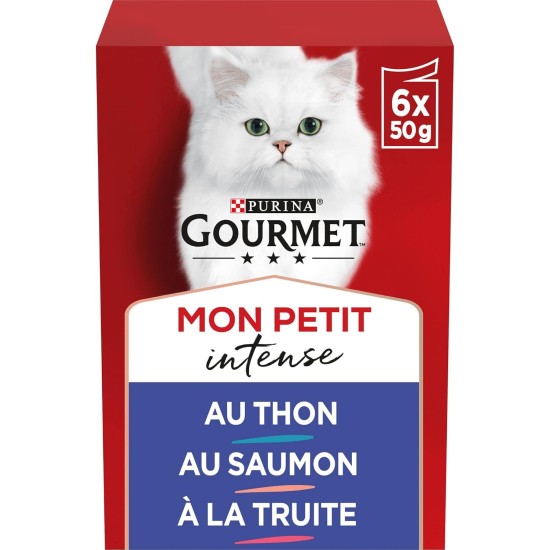 Gourmet MON Petit Intense | Cat | Discrete in Sauce | Tuna, Salmon, Trout | 8 Pieces of 6 x 50 g | Fresh Bags Gourmet MON Petit Intense | Cat | Discrete in Sauce | Tuna, Salmon, Trout | 8 Pieces of 6 x 50 g | Fresh Bags