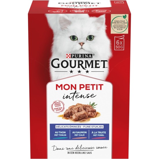 Gourmet MON Petit Intense | Cat | Discrete in Sauce | Tuna, Salmon, Trout | 8 Pieces of 6 x 50 g | Fresh Bags Gourmet MON Petit Intense | Cat | Discrete in Sauce | Tuna, Salmon, Trout | 8 Pieces of 6 x 50 g | Fresh Bags