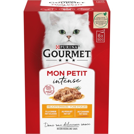 Gourmet MON Petit Intense | Cat | Discrete in Sauce | Tuna, Salmon, Trout | 8 Pieces of 6 x 50 g | Fresh Bags Gourmet MON Petit Intense | Cat | Discrete in Sauce | Tuna, Salmon, Trout | 8 Pieces of 6 x 50 g | Fresh Bags