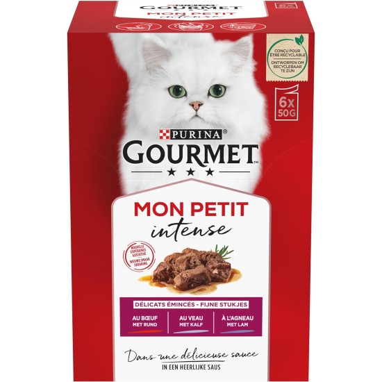 Gourmet MON Petit Intense | Cat | Discrete in Sauce | Tuna, Salmon, Trout | 8 Pieces of 6 x 50 g | Fresh Bags Gourmet MON Petit Intense | Cat | Discrete in Sauce | Tuna, Salmon, Trout | 8 Pieces of 6 x 50 g | Fresh Bags