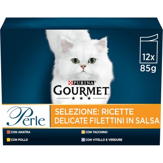 Gourmet Moist Beads Cat Fillets in Sauce with Chicken, Duck, Turkey, Veal with Vegetables - 72 Bags of 85 g (6 Packs of 12 x 85 g) Gourmet Moist Beads Cat Fillets in Sauce with Chicken, Duck, Turkey, Veal with Vegetables - 72 Bags of 85 g (6 Packs of 12 x 85 g)