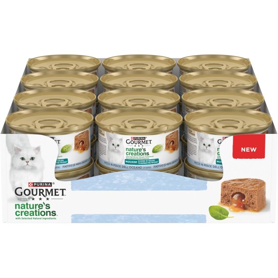 Gourmet Nature's Creations Moist Cat Heart of Sauce Rich in Sea Fish Garnished with Spinach, 24 Tins of 85 g Gourmet Nature's Creations Moist Cat Heart of Sauce Rich in Sea Fish Garnished with Spinach, 24 Tins of 85 g