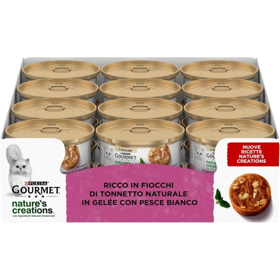Gourmet Nature's Creations Moist Cat Rich in Natural Tuna Flakes and White Fish in Jelly, 24 x 70g Tubs Gourmet Nature's Creations Moist Cat Rich in Natural Tuna Flakes and White Fish in Jelly, 24 x 70g Tubs