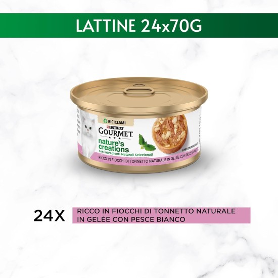 Gourmet Nature's Creations Moist Cat Rich in Natural Tuna Flakes and White Fish in Jelly, 24 x 70g Tubs Gourmet Nature's Creations Moist Cat Rich in Natural Tuna Flakes and White Fish in Jelly, 24 x 70g Tubs