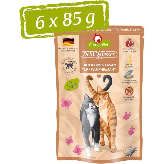 GranataPet DeliCatessen Turkey & Pheasant, Wet Food for Cats, Cat Feed for Gourmands, Grain-Free Feed & No Added Sugar, 6 x 85 g GranataPet DeliCatessen Turkey & Pheasant, Wet Food for Cats, Cat Feed for Gourmands, Grain-Free Feed & No Added Sugar, 6 x 85 g