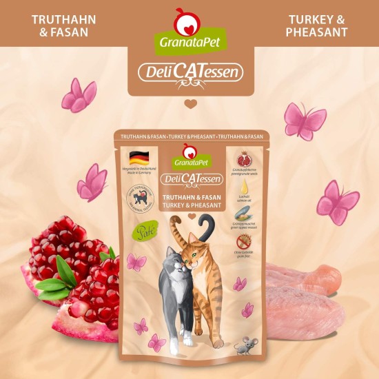GranataPet DeliCatessen Turkey & Pheasant, Wet Food for Cats, Cat Feed for Gourmands, Grain-Free Feed & No Added Sugar, 6 x 85 g GranataPet DeliCatessen Turkey & Pheasant, Wet Food for Cats, Cat Feed for Gourmands, Grain-Free Feed & No Added Sugar, 6 x 85 g