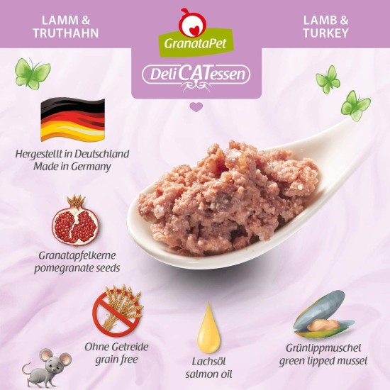 GranataPet DeliCatessen Turkey & Pheasant, Wet Food for Cats, Cat Feed for Gourmands, Grain-Free Feed & No Added Sugar, 6 x 85 g GranataPet DeliCatessen Turkey & Pheasant, Wet Food for Cats, Cat Feed for Gourmands, Grain-Free Feed & No Added Sugar, 6 x 85 g