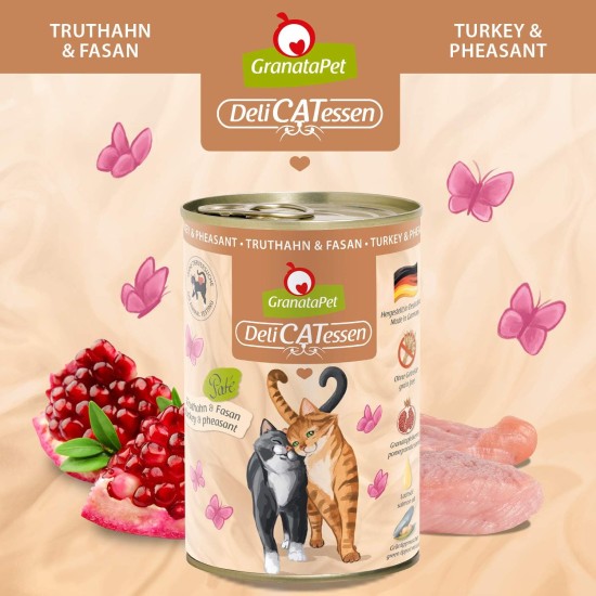 GranataPet DeliCatessen Turkey & Pheasant, Wet Food for Cats, Cat Feed for Gourmands, Grain-Free Feed & No Added Sugar, 6 x 85 g GranataPet DeliCatessen Turkey & Pheasant, Wet Food for Cats, Cat Feed for Gourmands, Grain-Free Feed & No Added Sugar, 6 x 85 g