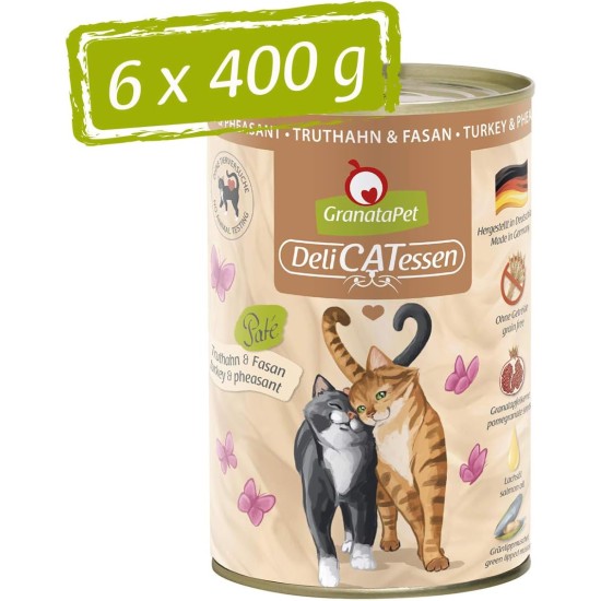 GranataPet DeliCatessen Turkey & Pheasant, Wet Food for Cats, Cat Feed for Gourmands, Grain-Free Feed & No Added Sugar, 6 x 85 g GranataPet DeliCatessen Turkey & Pheasant, Wet Food for Cats, Cat Feed for Gourmands, Grain-Free Feed & No Added Sugar, 6 x 85 g