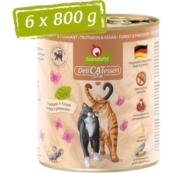 GranataPet DeliCatessen Turkey & Pheasant, Wet Food for Cats, Cat Feed for Gourmands, Grain-Free Feed & No Added Sugar, 6 x 85 g GranataPet DeliCatessen Turkey & Pheasant, Wet Food for Cats, Cat Feed for Gourmands, Grain-Free Feed & No Added Sugar, 6 x 85 g