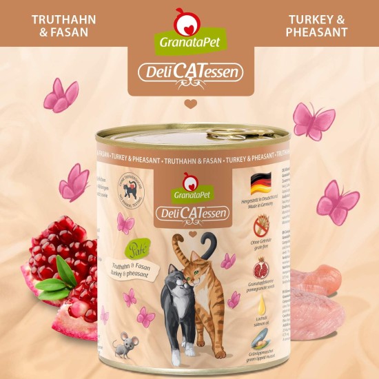 GranataPet DeliCatessen Turkey & Pheasant, Wet Food for Cats, Cat Feed for Gourmands, Grain-Free Feed & No Added Sugar, 6 x 85 g GranataPet DeliCatessen Turkey & Pheasant, Wet Food for Cats, Cat Feed for Gourmands, Grain-Free Feed & No Added Sugar, 6 x 85 g