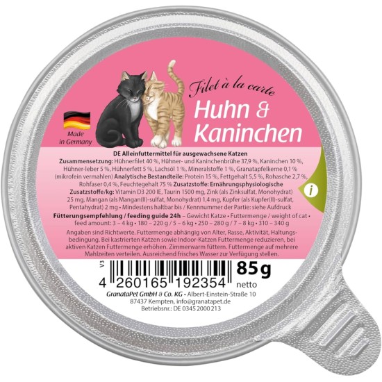 GranataPet Filet à la carte chicken PUR, wet food for cats, fillet pieces without cereals, cat food without added sugar, high meat content, 6 x 85 g GranataPet Filet à la carte chicken PUR, wet food for cats, fillet pieces without cereals, cat food without added sugar, high meat content, 6 x 85 g