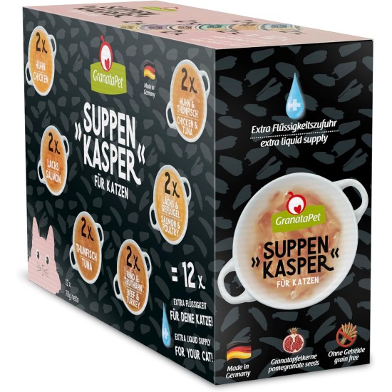 GranataPet Suppenkasper Multipack 6 Varieties, 12 x 70 g, Snacks for Cats, Treats for Extra Hydration, Soup Against Small Hunger, Cat Food without Grains and No Added Sugar GranataPet Suppenkasper Multipack 6 Varieties, 12 x 70 g, Snacks for Cats, Treats for Extra Hydration, Soup Against Small Hunger, Cat Food without Grains and No Added Sugar