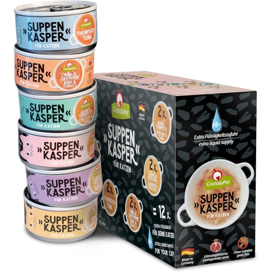 GranataPet Suppenkasper Multipack 6 Varieties, 12 x 70 g, Snacks for Cats, Treats for Extra Hydration, Soup Against Small Hunger, Cat Food without Grains and No Added Sugar GranataPet Suppenkasper Multipack 6 Varieties, 12 x 70 g, Snacks for Cats, Treats for Extra Hydration, Soup Against Small Hunger, Cat Food without Grains and No Added Sugar