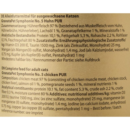 GranataPet Symphony No. 5 Chicken PUR, 6 x 200 g, Cat Food without Grains and Added Sugar, Fillet in Natural Jelly, Delicate Wet Food for Cats GranataPet Symphony No. 5 Chicken PUR, 6 x 200 g, Cat Food without Grains and Added Sugar, Fillet in Natural Jelly, Delicate Wet Food for Cats
