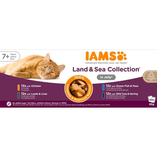 IAMS Delights Land & Sea Collection Senior Wet Cat Food - Multipack with Meat and Fish Varieties in Jelly, Wet Food for Older Cats from 7 Years, 48 x 85 g IAMS Delights Land & Sea Collection Senior Wet Cat Food - Multipack with Meat and Fish Varieties in Jelly, Wet Food for Older Cats from 7 Years, 48 x 85 g