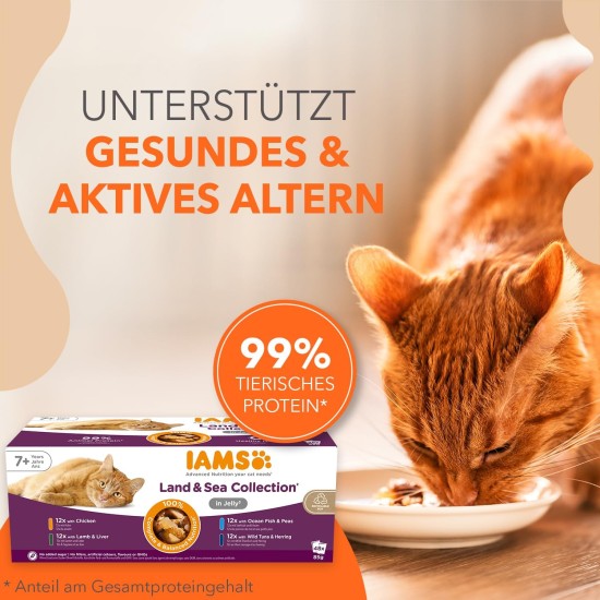 IAMS Delights Land & Sea Collection Senior Wet Cat Food - Multipack with Meat and Fish Varieties in Jelly, Wet Food for Older Cats from 7 Years, 48 x 85 g IAMS Delights Land & Sea Collection Senior Wet Cat Food - Multipack with Meat and Fish Varieties in Jelly, Wet Food for Older Cats from 7 Years, 48 x 85 g
