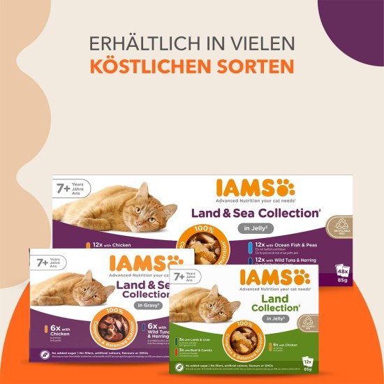 IAMS Delights Land & Sea Collection Senior Wet Cat Food - Multipack with Meat and Fish Varieties in Jelly, Wet Food for Older Cats from 7 Years, 48 x 85 g IAMS Delights Land & Sea Collection Senior Wet Cat Food - Multipack with Meat and Fish Varieties in Jelly, Wet Food for Older Cats from 7 Years, 48 x 85 g