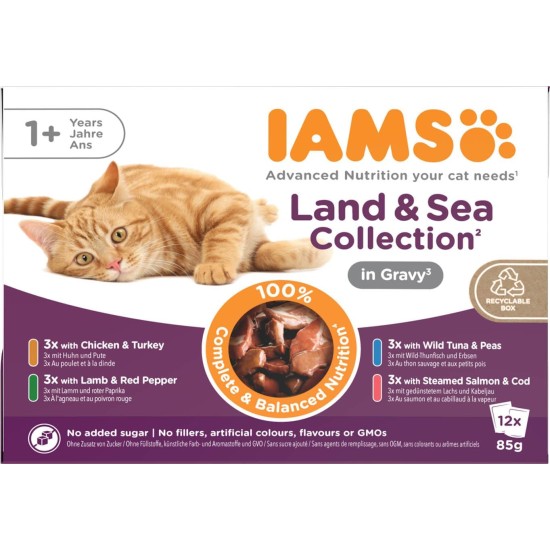 IAMS Delights Land & Sea Collection Wet Cat Food, Multipack with Meat and Fish Varieties in Sauce, Wet Food for Cats from 1 Year, 12 x 85 g IAMS Delights Land & Sea Collection Wet Cat Food, Multipack with Meat and Fish Varieties in Sauce, Wet Food for Cats from 1 Year, 12 x 85 g