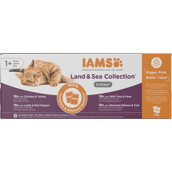 IAMS Delights Land & Sea Collection Wet Cat Food, Multipack with Meat and Fish Varieties in Sauce, Wet Food for Cats from 1 Year, 12 x 85 g IAMS Delights Land & Sea Collection Wet Cat Food, Multipack with Meat and Fish Varieties in Sauce, Wet Food for Cats from 1 Year, 12 x 85 g