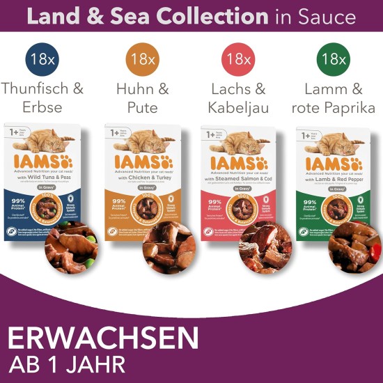 IAMS Delights Land & Sea Collection Wet Cat Food, Multipack with Meat and Fish Varieties in Sauce, Wet Food for Cats from 1 Year, 12 x 85 g IAMS Delights Land & Sea Collection Wet Cat Food, Multipack with Meat and Fish Varieties in Sauce, Wet Food for Cats from 1 Year, 12 x 85 g