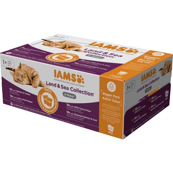 IAMS Delights Land & Sea Collection Wet Cat Food, Multipack with Meat and Fish Varieties in Sauce, Wet Food for Cats from 1 Year, 12 x 85 g IAMS Delights Land & Sea Collection Wet Cat Food, Multipack with Meat and Fish Varieties in Sauce, Wet Food for Cats from 1 Year, 12 x 85 g