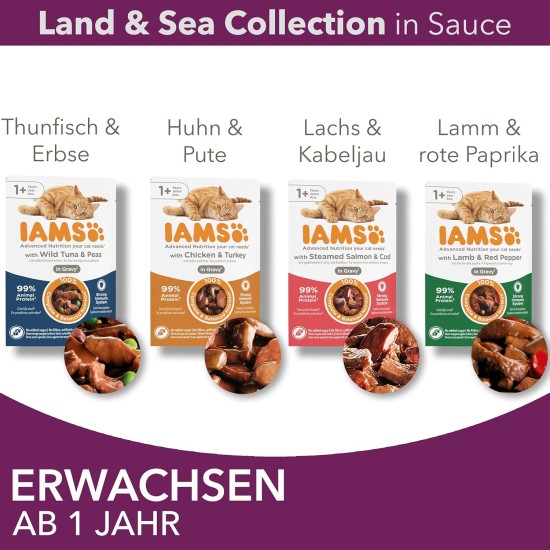 IAMS Delights Land & Sea Collection Wet Cat Food, Multipack with Meat and Fish Varieties in Sauce, Wet Food for Cats from 1 Year, 12 x 85 g IAMS Delights Land & Sea Collection Wet Cat Food, Multipack with Meat and Fish Varieties in Sauce, Wet Food for Cats from 1 Year, 12 x 85 g