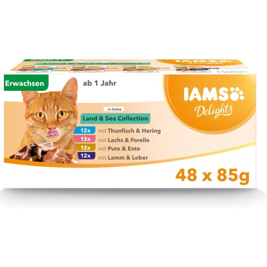 IAMS Delights Land & Sea Collection Wet Cat Food, Multipack with Meat and Fish Varieties in Sauce, Wet Food for Cats from 1 Year, 12 x 85 g IAMS Delights Land & Sea Collection Wet Cat Food, Multipack with Meat and Fish Varieties in Sauce, Wet Food for Cats from 1 Year, 12 x 85 g