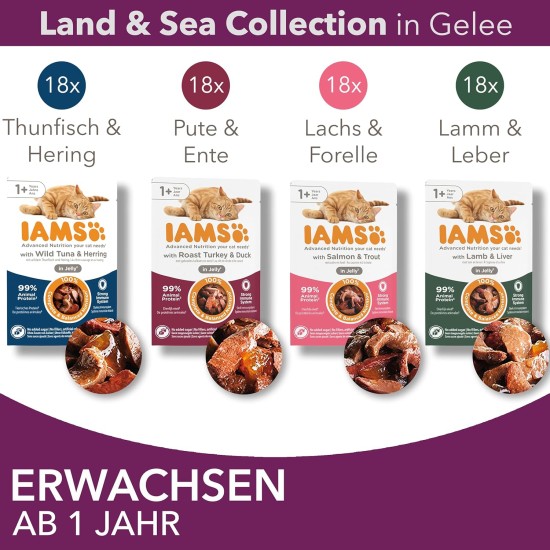 IAMS Delights Land & Sea Collection Wet Cat Food, Multipack with Meat and Fish Varieties in Sauce, Wet Food for Cats from 1 Year, 12 x 85 g IAMS Delights Land & Sea Collection Wet Cat Food, Multipack with Meat and Fish Varieties in Sauce, Wet Food for Cats from 1 Year, 12 x 85 g