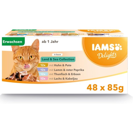 IAMS Delights Land & Sea Collection Wet Cat Food, Multipack with Meat and Fish Varieties in Sauce, Wet Food for Cats from 1 Year, 12 x 85 g IAMS Delights Land & Sea Collection Wet Cat Food, Multipack with Meat and Fish Varieties in Sauce, Wet Food for Cats from 1 Year, 12 x 85 g